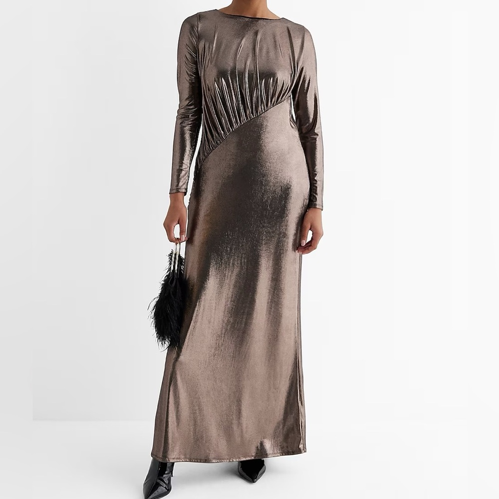 EXPRESS NWT metallic gold long sleeve ruched top long sleeve maxi dress